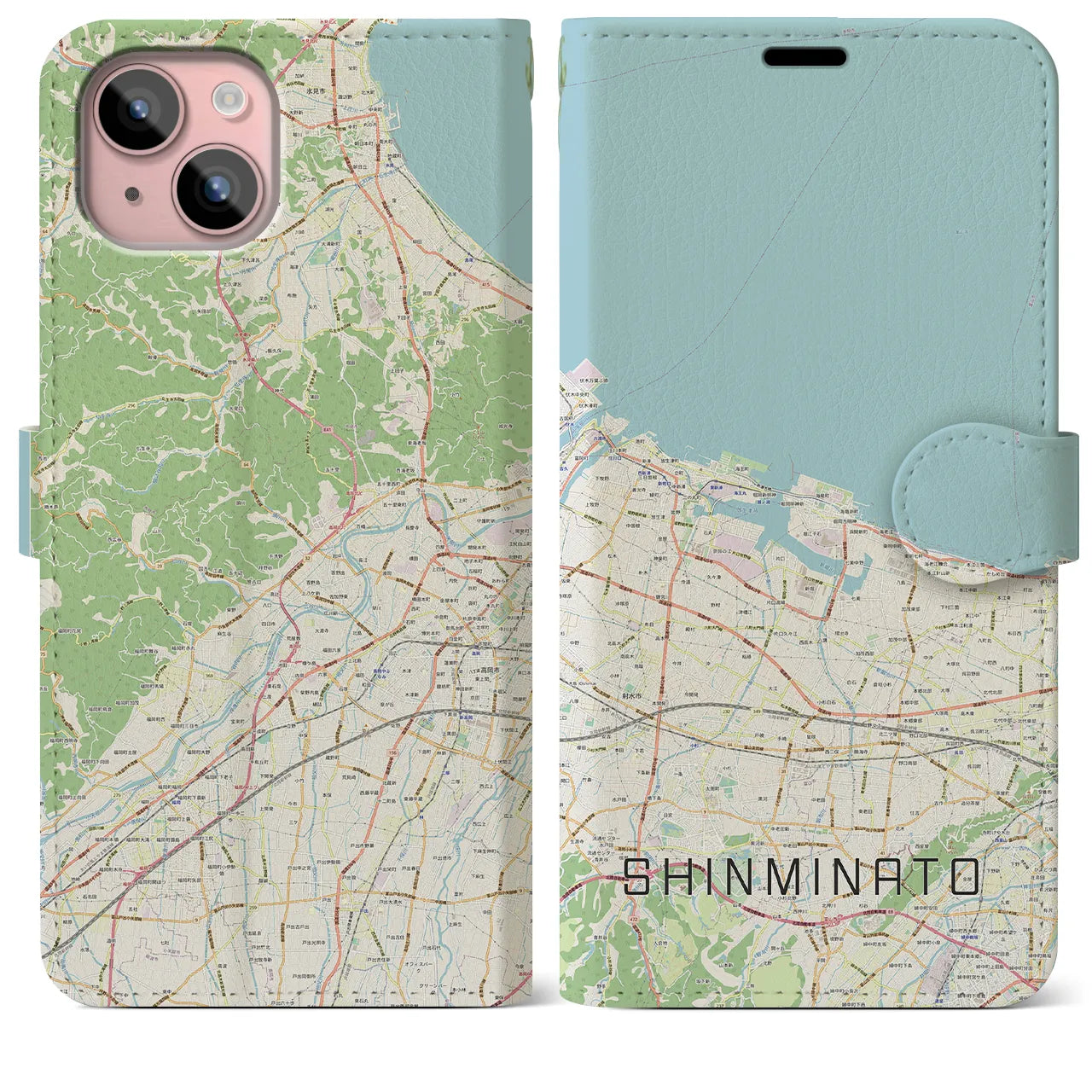 【新湊(富山県)】地図柄iPhoneケース(手帳タイプ)ナチュラル・iPhone 15 Plus 用