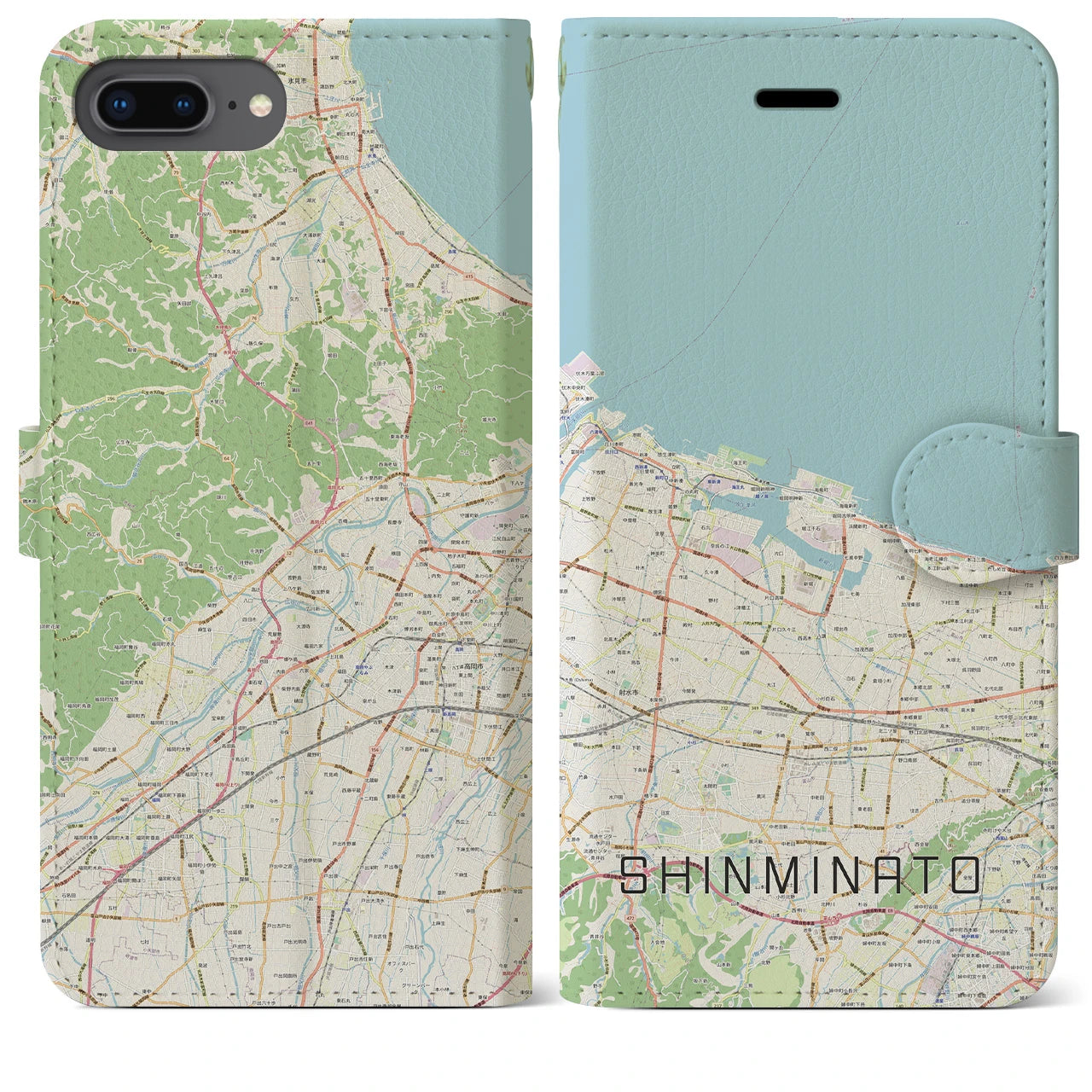 【新湊(富山県)】地図柄iPhoneケース(手帳タイプ)ナチュラル・iPhone 8Plus /7Plus / 6sPlus / 6Plus 用