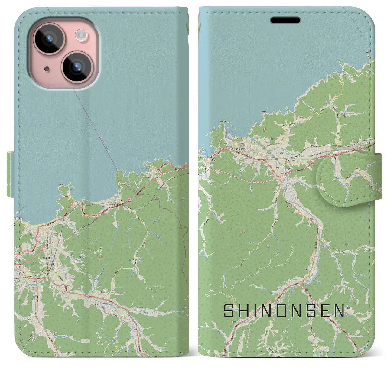 【新温泉(兵庫県)】地図柄iPhoneケース(手帳タイプ)ナチュラル・iPhone 15 Plus 用