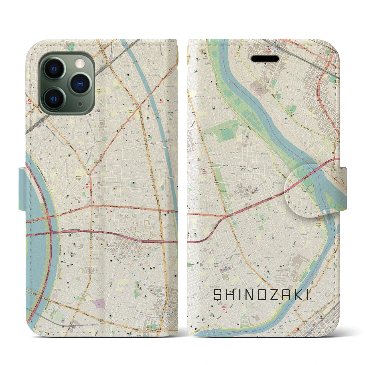 【篠崎(東京都)】地図柄iPhoneケース(手帳タイプ)ナチュラル・iPhone 11 Pro 用