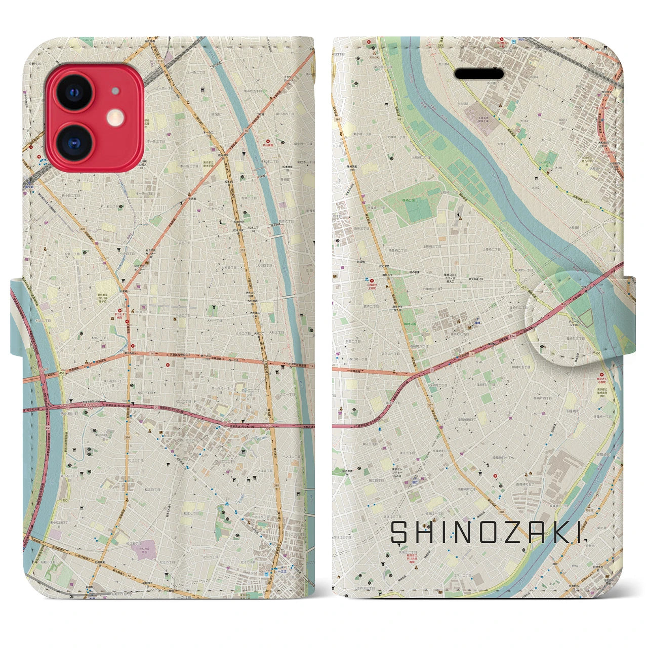 【篠崎(東京都)】地図柄iPhoneケース(手帳タイプ)ナチュラル・iPhone 11 用