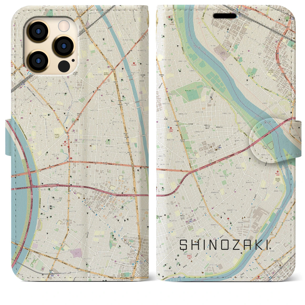 【篠崎(東京都)】地図柄iPhoneケース(手帳タイプ)ナチュラル・iPhone 12 Pro Max 用