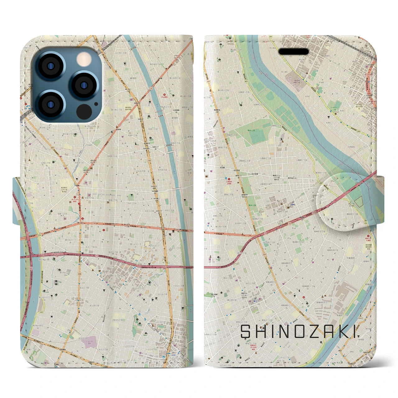 【篠崎(東京都)】地図柄iPhoneケース(手帳タイプ)ナチュラル・iPhone 12 / 12 Pro 用