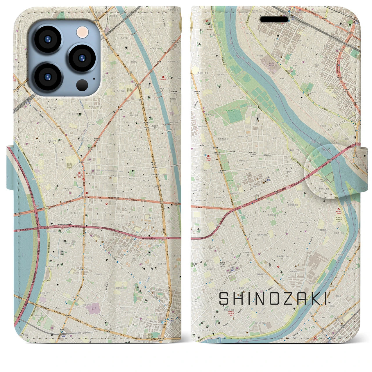 【篠崎(東京都)】地図柄iPhoneケース(手帳タイプ)ナチュラル・iPhone 13 Pro Max 用