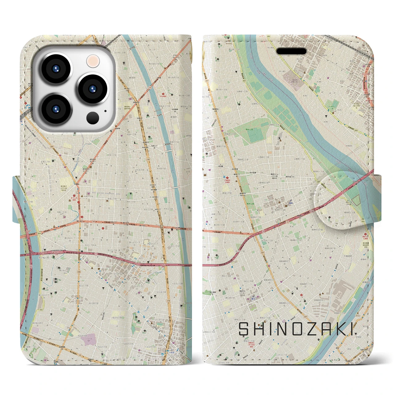 【篠崎(東京都)】地図柄iPhoneケース(手帳タイプ)ナチュラル・iPhone 13 Pro 用