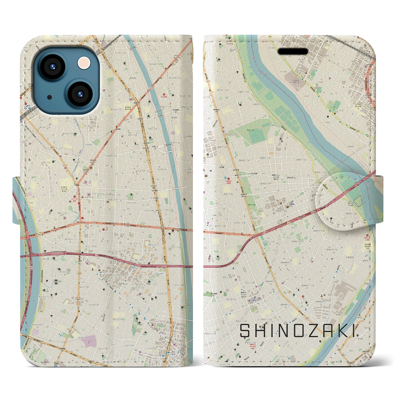 【篠崎(東京都)】地図柄iPhoneケース(手帳タイプ)ナチュラル・iPhone 13 用