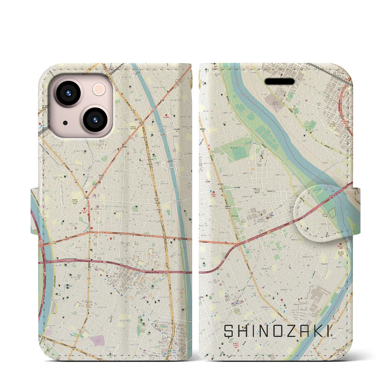 【篠崎(東京都)】地図柄iPhoneケース(手帳タイプ)ナチュラル・iPhone 13 mini 用