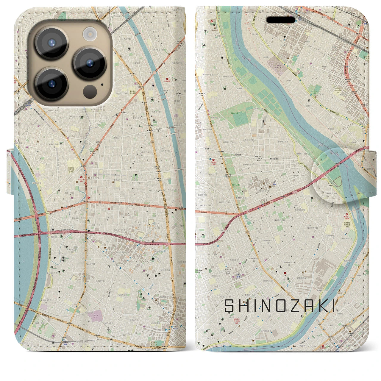 【篠崎(東京都)】地図柄iPhoneケース(手帳タイプ)ナチュラル・iPhone 14 Pro Max 用