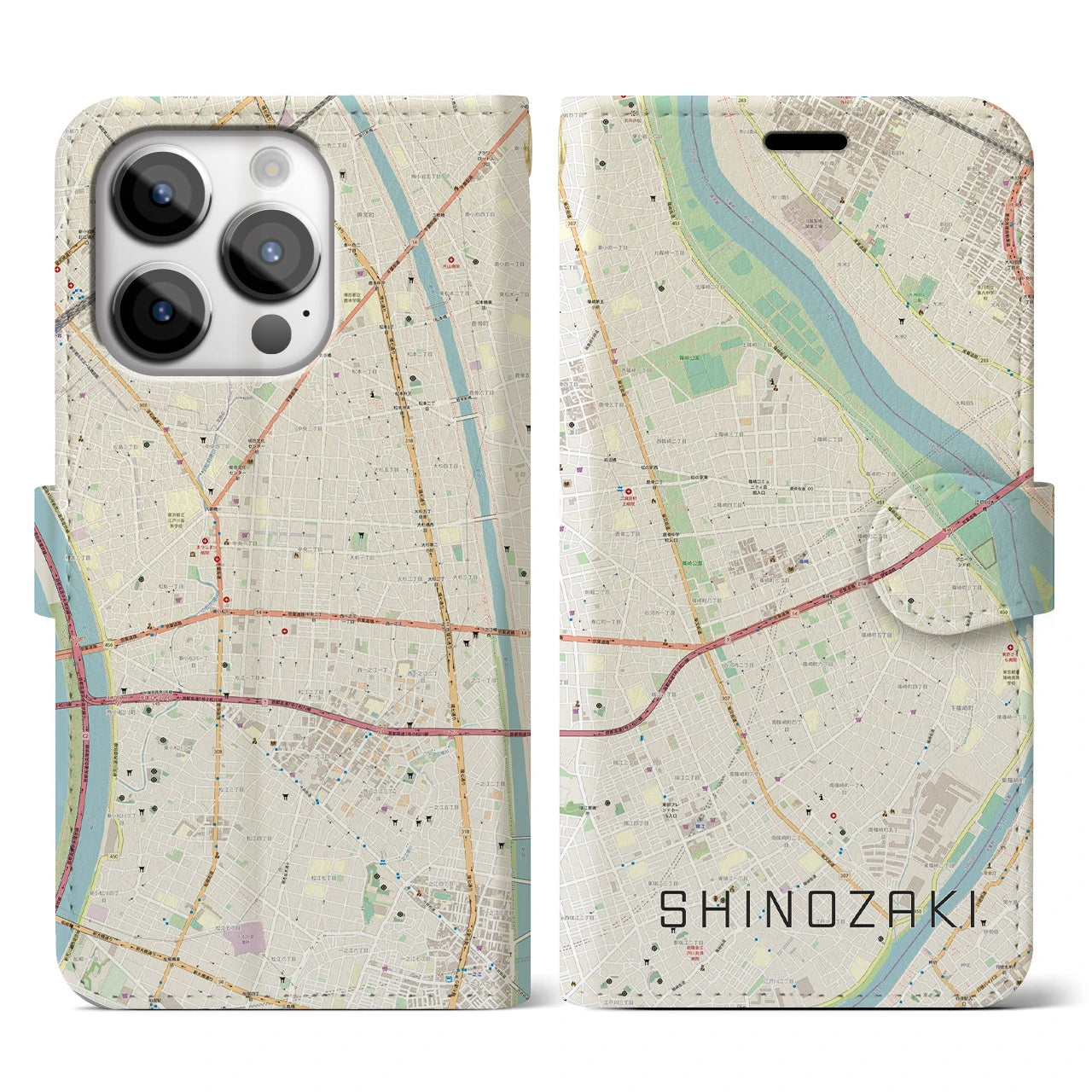 【篠崎(東京都)】地図柄iPhoneケース(手帳タイプ)ナチュラル・iPhone 14 Pro 用