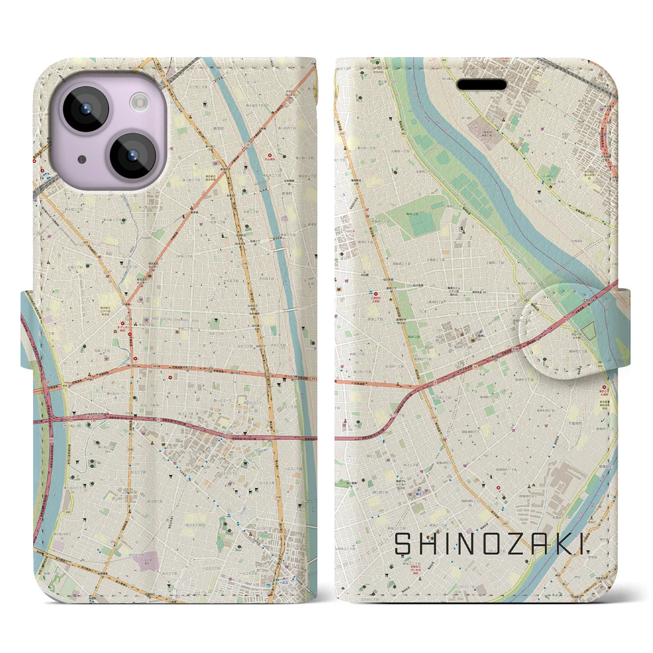 【篠崎(東京都)】地図柄iPhoneケース(手帳タイプ)ナチュラル・iPhone 14 用