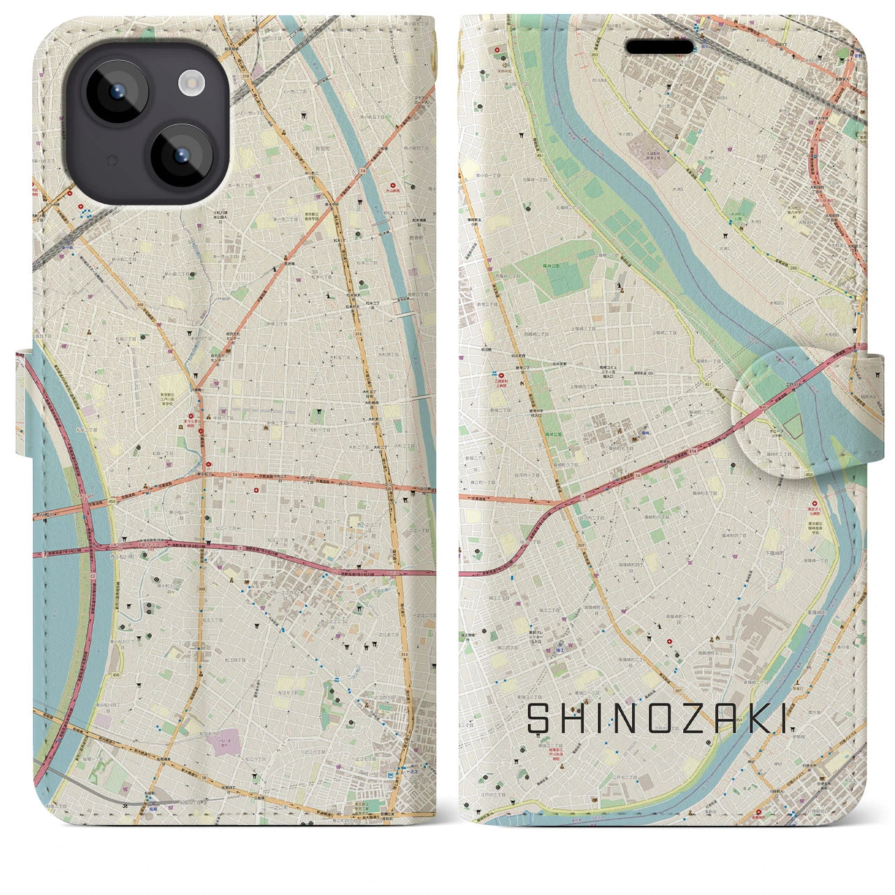 【篠崎(東京都)】地図柄iPhoneケース(手帳タイプ)ナチュラル・iPhone 14 Plus 用