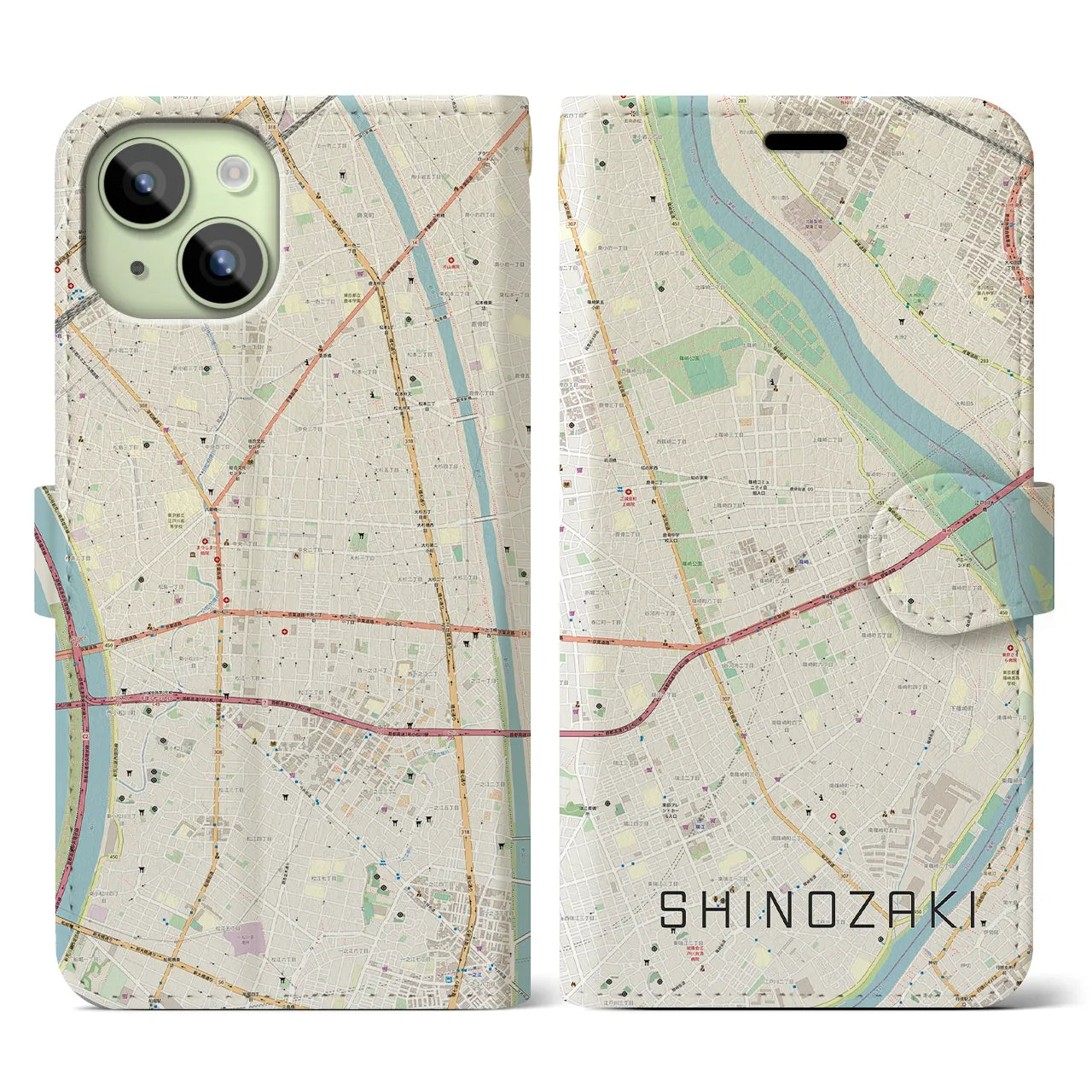 【篠崎(東京都)】地図柄iPhoneケース(手帳タイプ)ナチュラル・iPhone 15 用