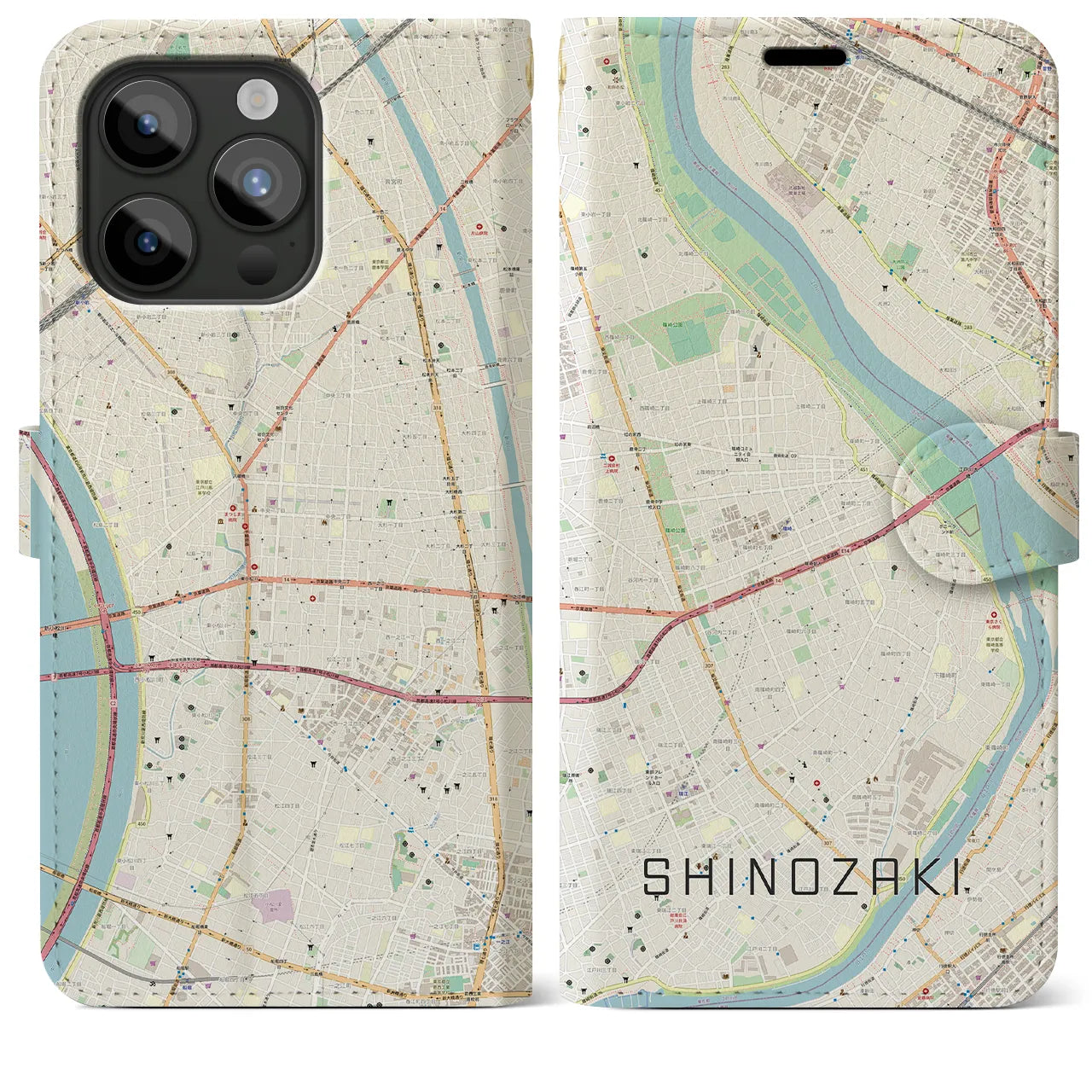 【篠崎(東京都)】地図柄iPhoneケース(手帳タイプ)ナチュラル・iPhone 15 Pro Max 用