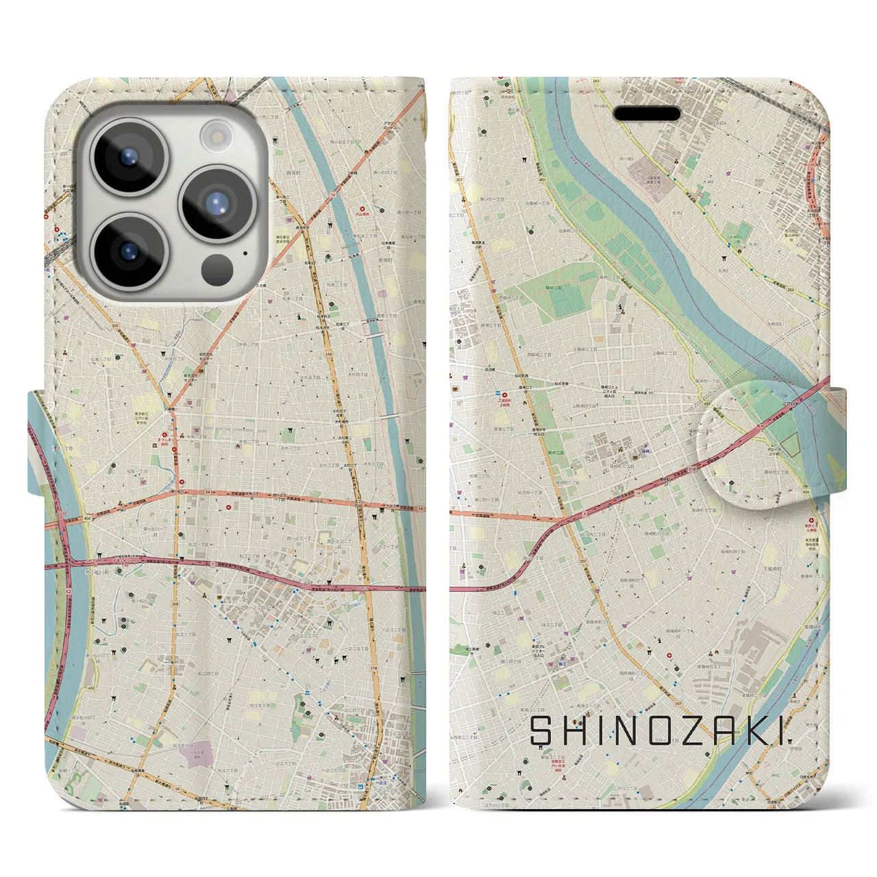 【篠崎(東京都)】地図柄iPhoneケース(手帳タイプ)ナチュラル・iPhone 15 Pro 用