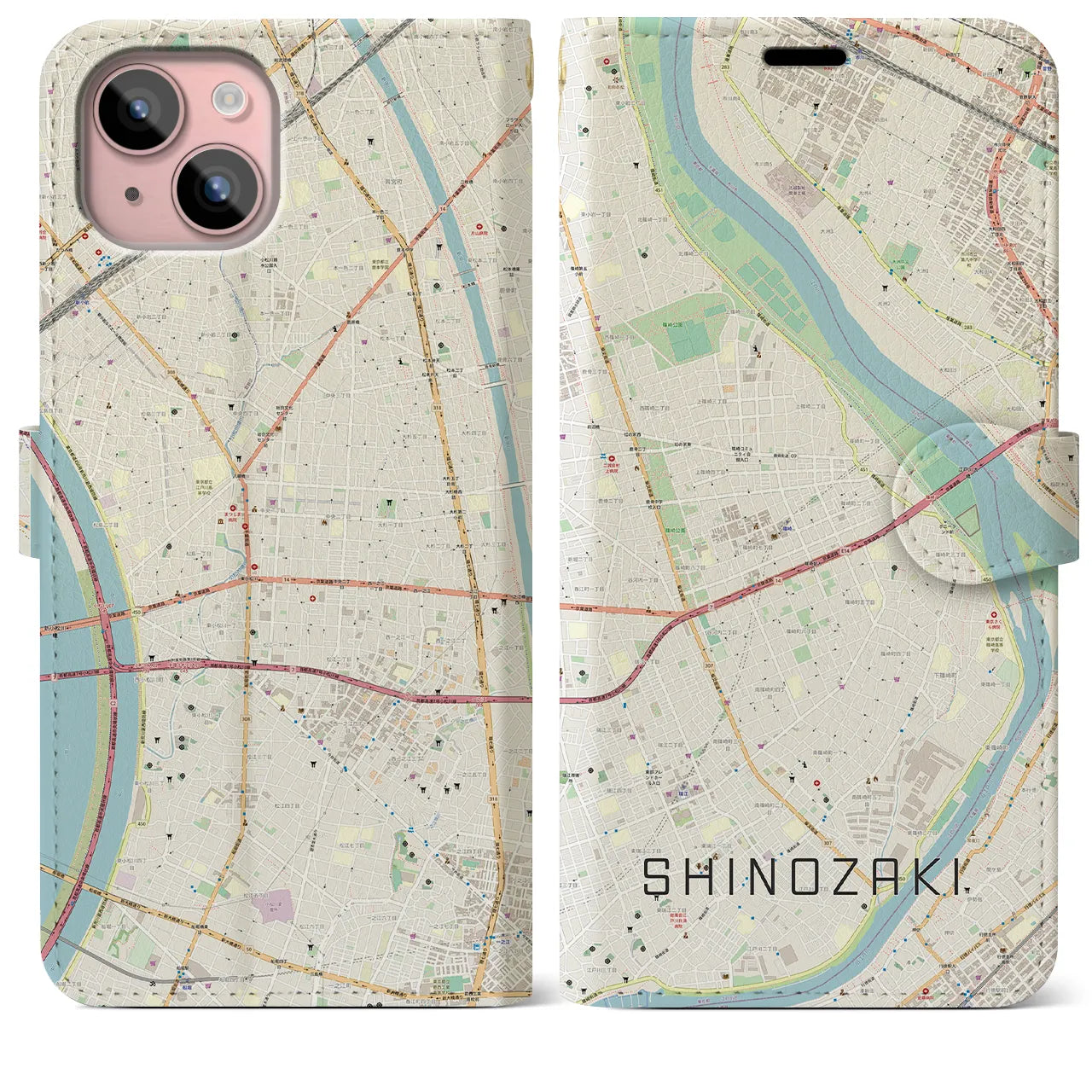 【篠崎(東京都)】地図柄iPhoneケース(手帳タイプ)ナチュラル・iPhone 15 Plus 用