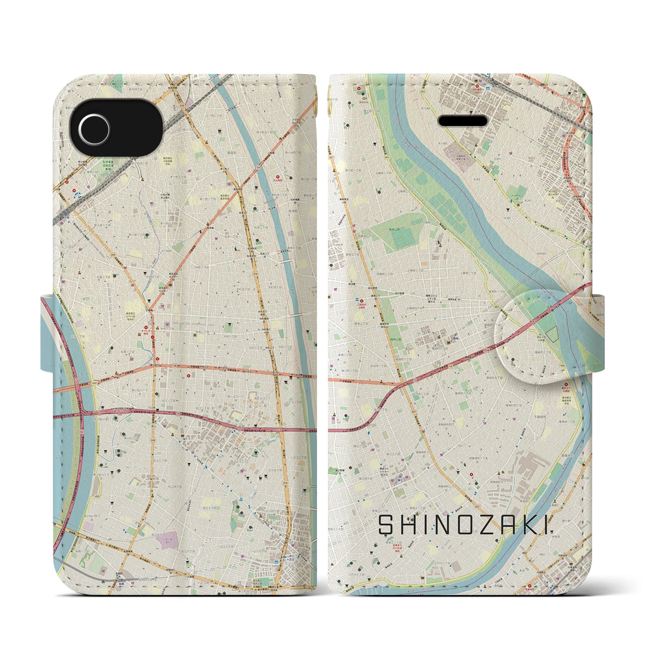 【篠崎(東京都)】地図柄iPhoneケース(手帳タイプ)ナチュラル・iPhone SE(第3 / 第2世代) / 8 / 7 / 6s / 6 用