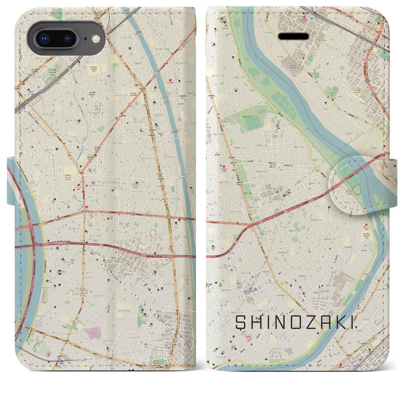 【篠崎(東京都)】地図柄iPhoneケース(手帳タイプ)ナチュラル・iPhone 8Plus /7Plus / 6sPlus / 6Plus 用