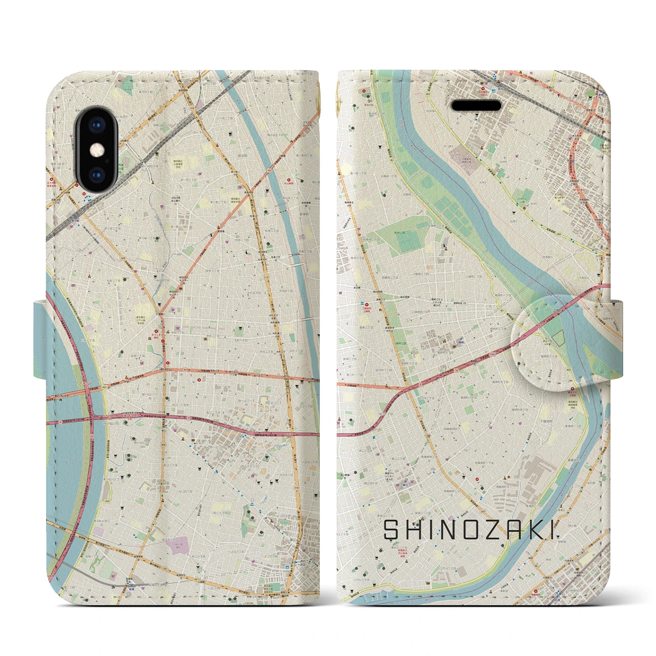 【篠崎(東京都)】地図柄iPhoneケース(手帳タイプ)ナチュラル・iPhone XS / X 用