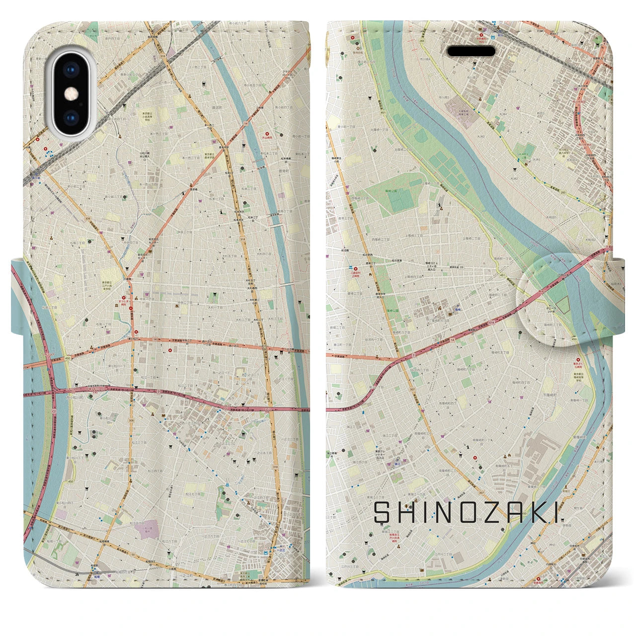 【篠崎(東京都)】地図柄iPhoneケース(手帳タイプ)ナチュラル・iPhone XS Max 用