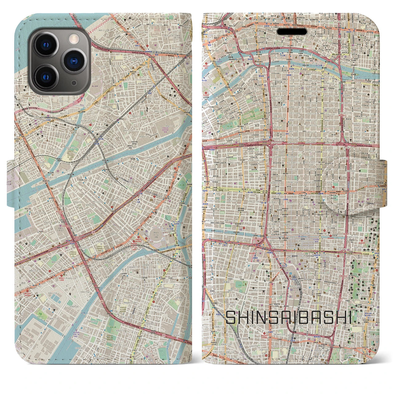 【心斎橋(大阪府)】地図柄iPhoneケース(手帳タイプ)ナチュラル・iPhone 11 Pro Max 用