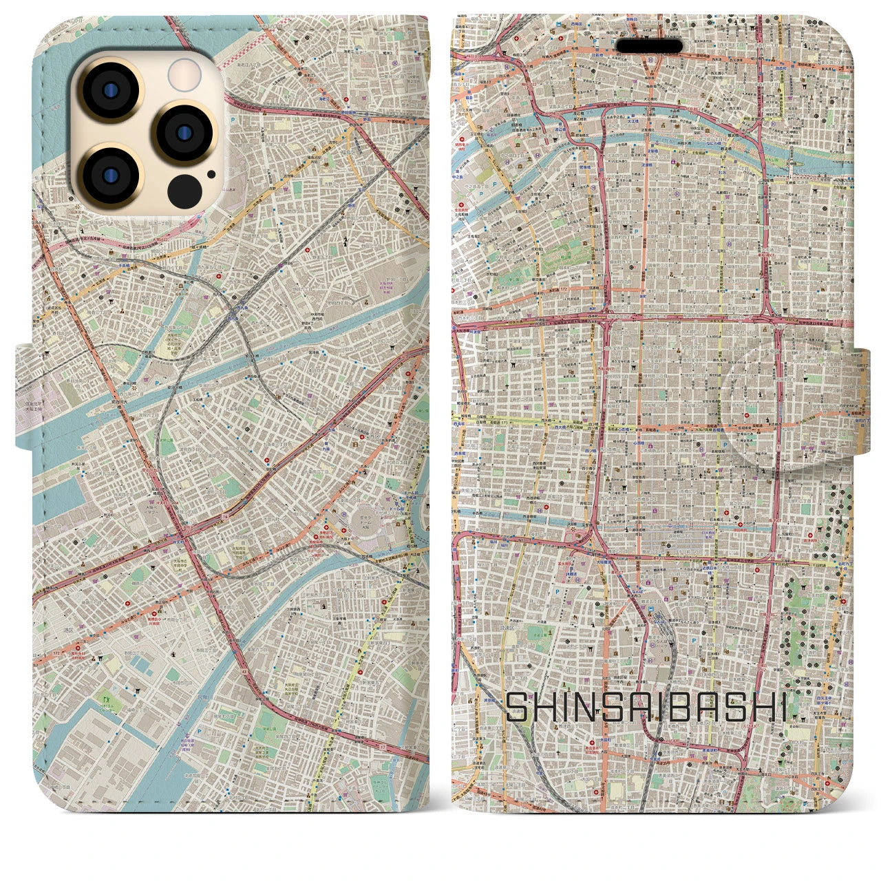 【心斎橋(大阪府)】地図柄iPhoneケース(手帳タイプ)ナチュラル・iPhone 12 Pro Max 用