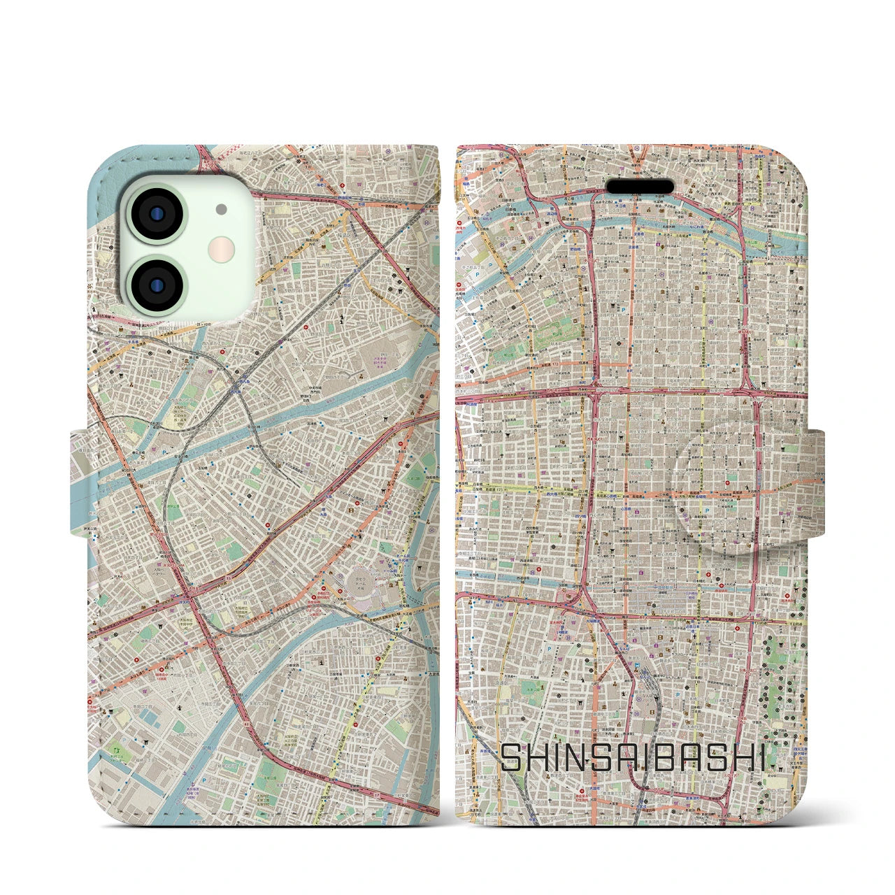 【心斎橋(大阪府)】地図柄iPhoneケース(手帳タイプ)ナチュラル・iPhone 12 mini 用