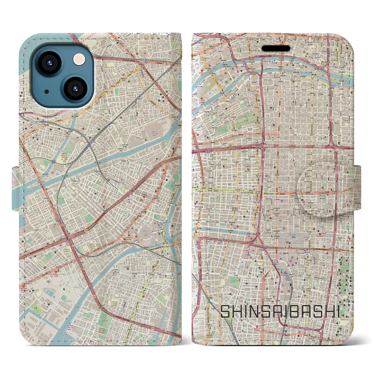 【心斎橋(大阪府)】地図柄iPhoneケース(手帳タイプ)ナチュラル・iPhone 13 用