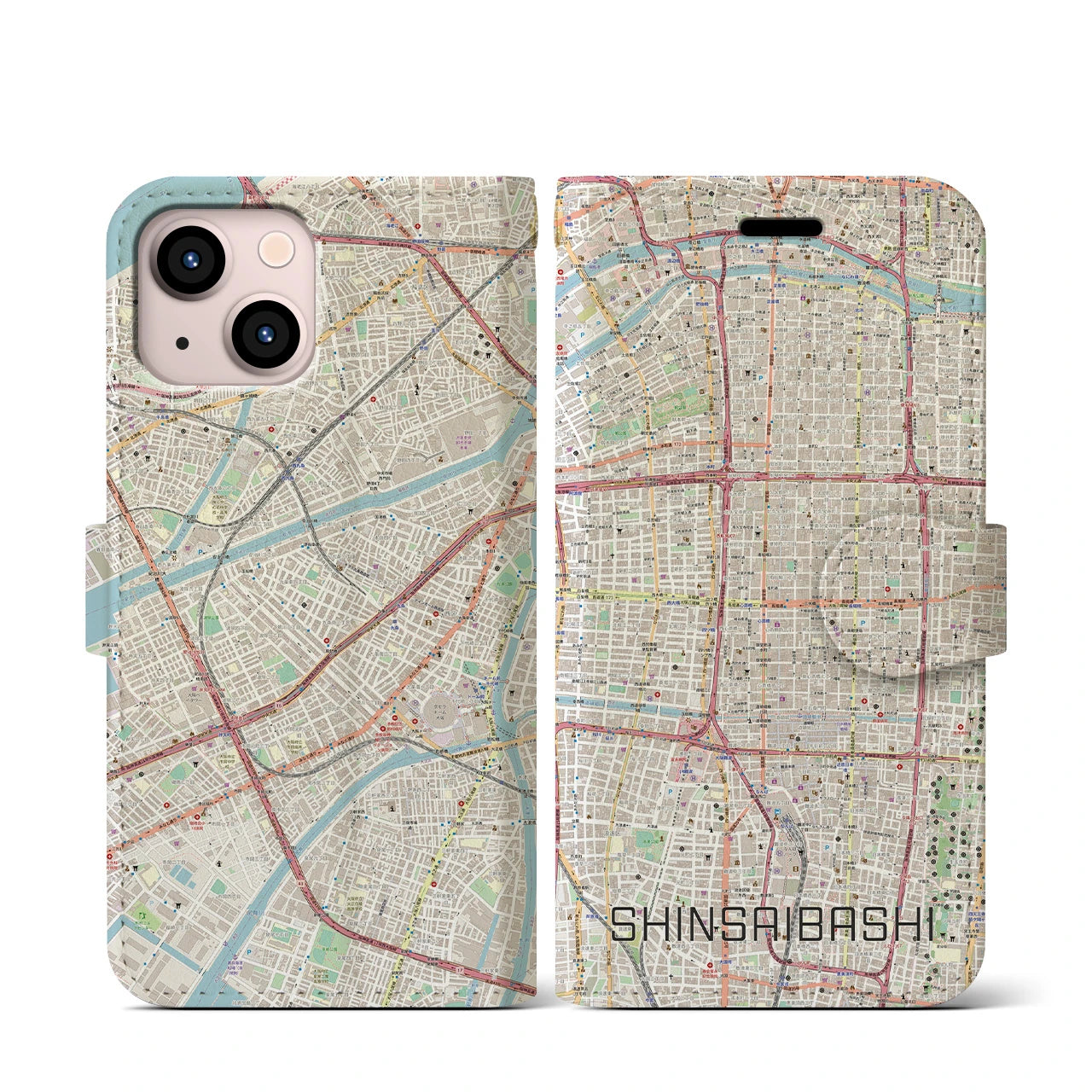 【心斎橋(大阪府)】地図柄iPhoneケース(手帳タイプ)ナチュラル・iPhone 13 mini 用