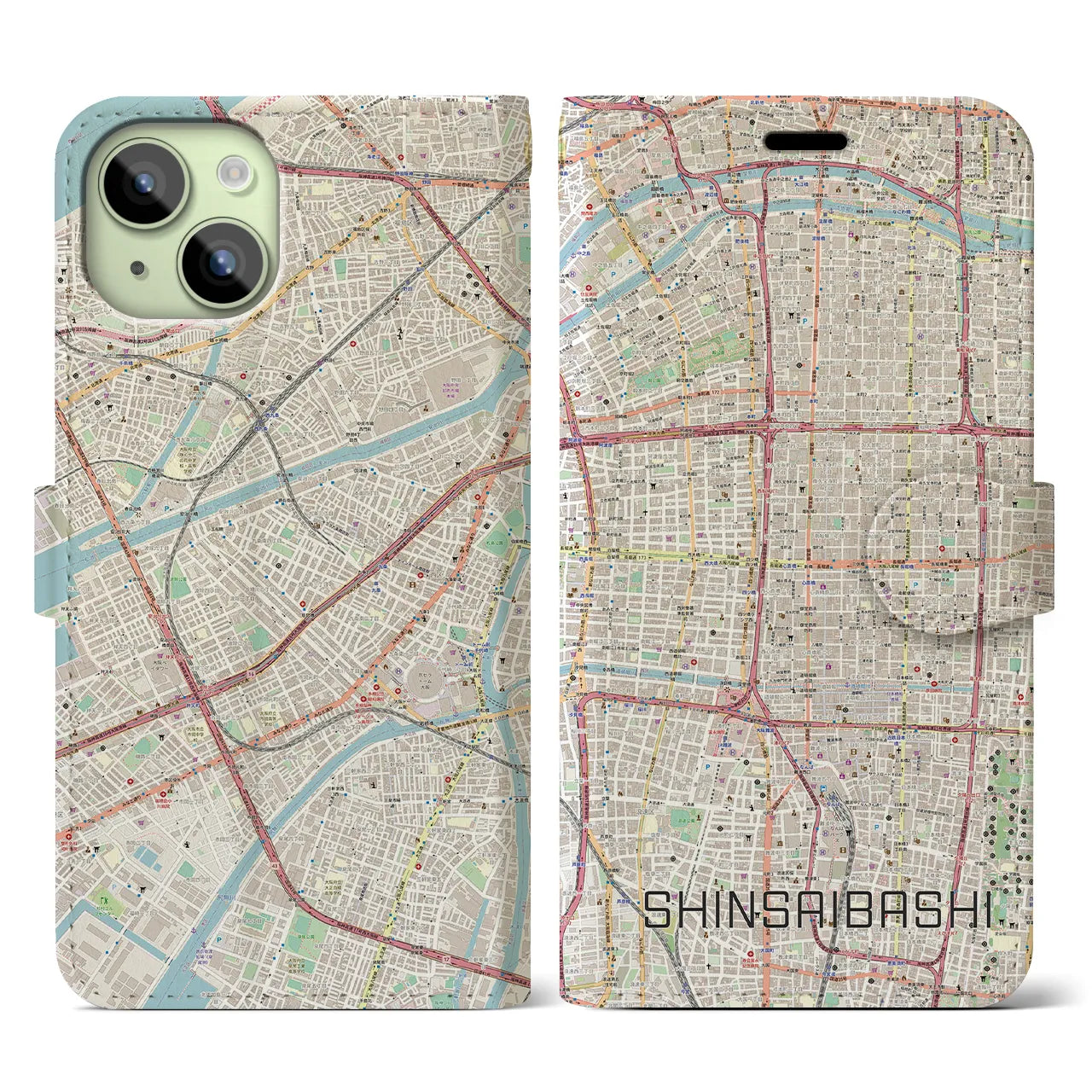 【心斎橋(大阪府)】地図柄iPhoneケース(手帳タイプ)ナチュラル・iPhone 15 用