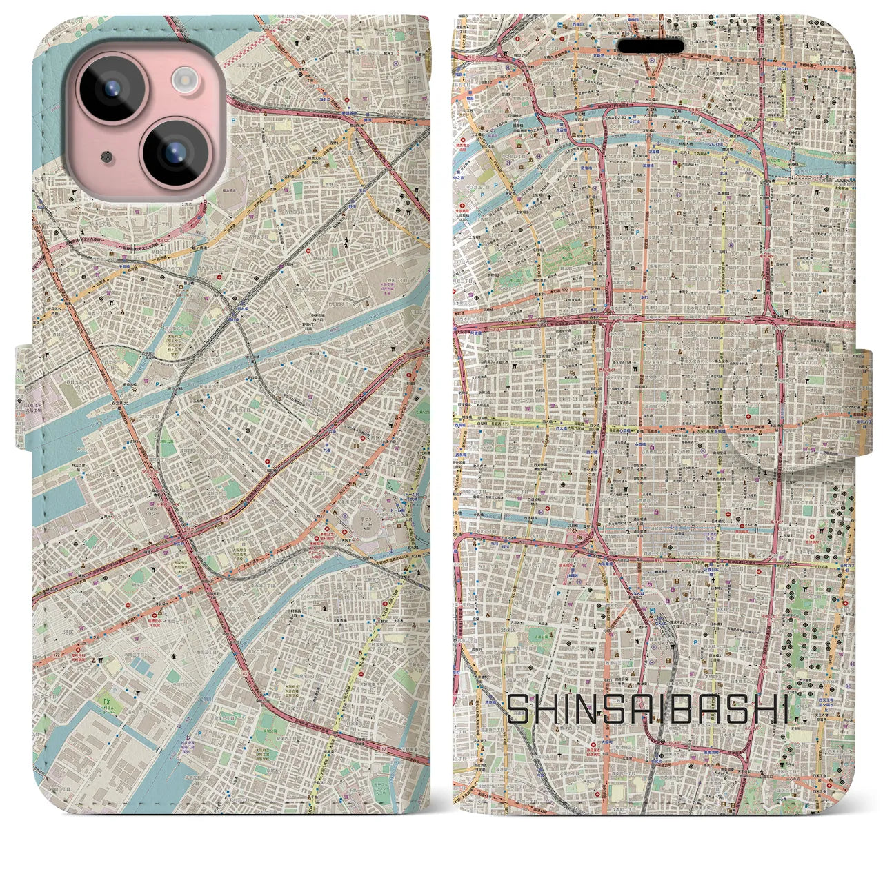 【心斎橋(大阪府)】地図柄iPhoneケース(手帳タイプ)ナチュラル・iPhone 15 Plus 用