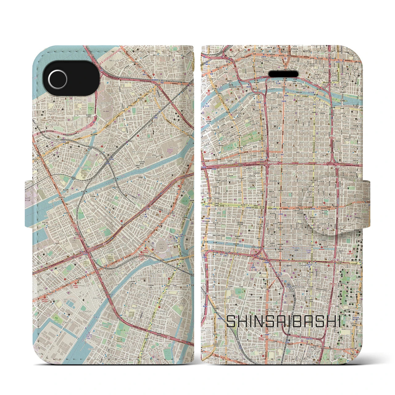 【心斎橋(大阪府)】地図柄iPhoneケース(手帳タイプ)ナチュラル・iPhone SE(第3 / 第2世代) / 8 / 7 / 6s / 6 用
