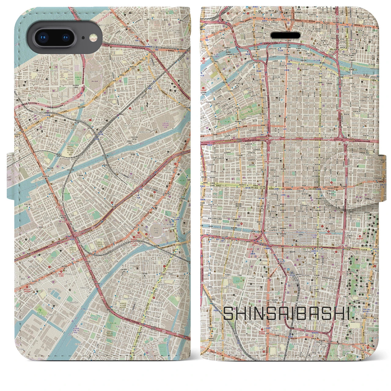【心斎橋(大阪府)】地図柄iPhoneケース(手帳タイプ)ナチュラル・iPhone 8Plus /7Plus / 6sPlus / 6Plus 用