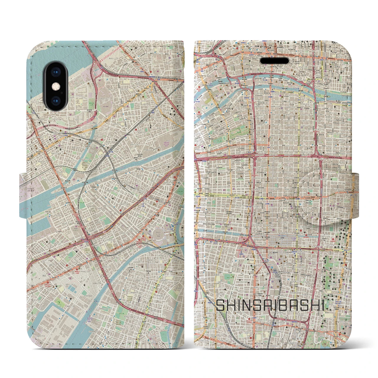 【心斎橋(大阪府)】地図柄iPhoneケース(手帳タイプ)ナチュラル・iPhone XS / X 用