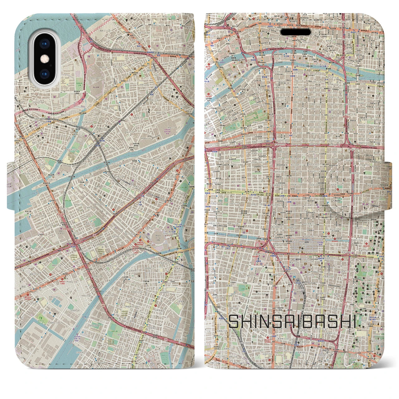 【心斎橋(大阪府)】地図柄iPhoneケース(手帳タイプ)ナチュラル・iPhone XS Max 用