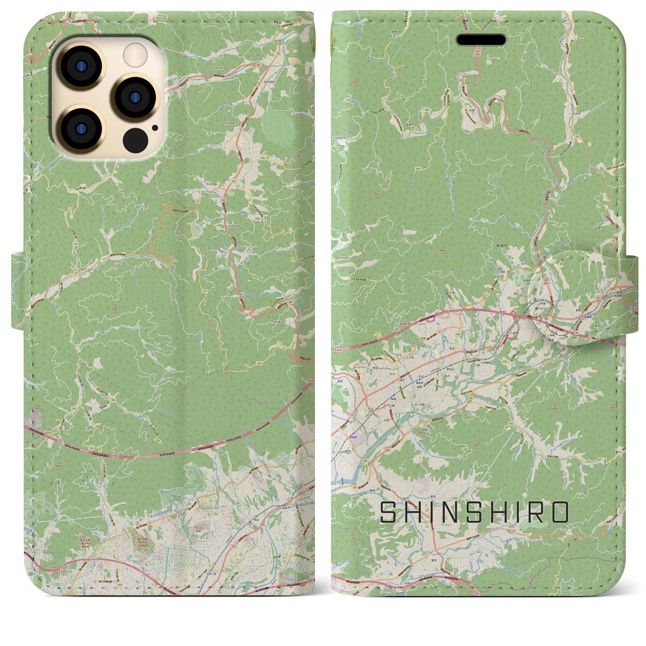 【新城(愛知県)】地図柄iPhoneケース(手帳タイプ)ナチュラル・iPhone 12 Pro Max 用
