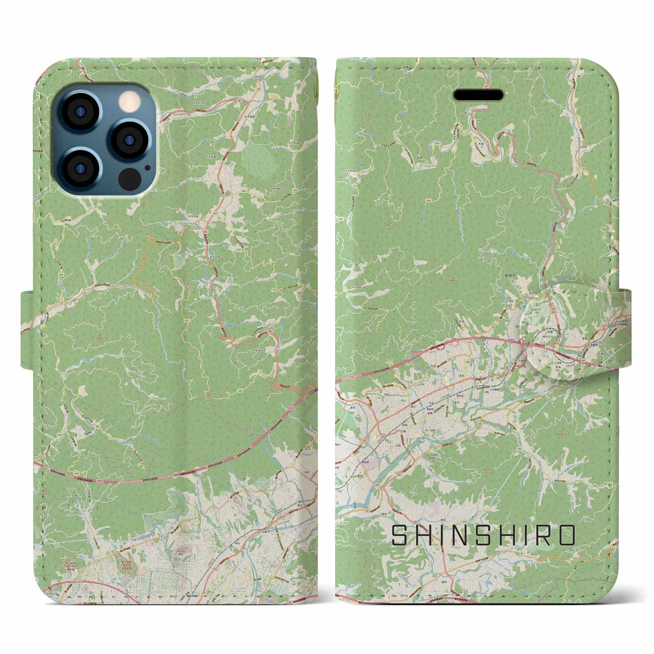 【新城(愛知県)】地図柄iPhoneケース(手帳タイプ)ナチュラル・iPhone 12 / 12 Pro 用