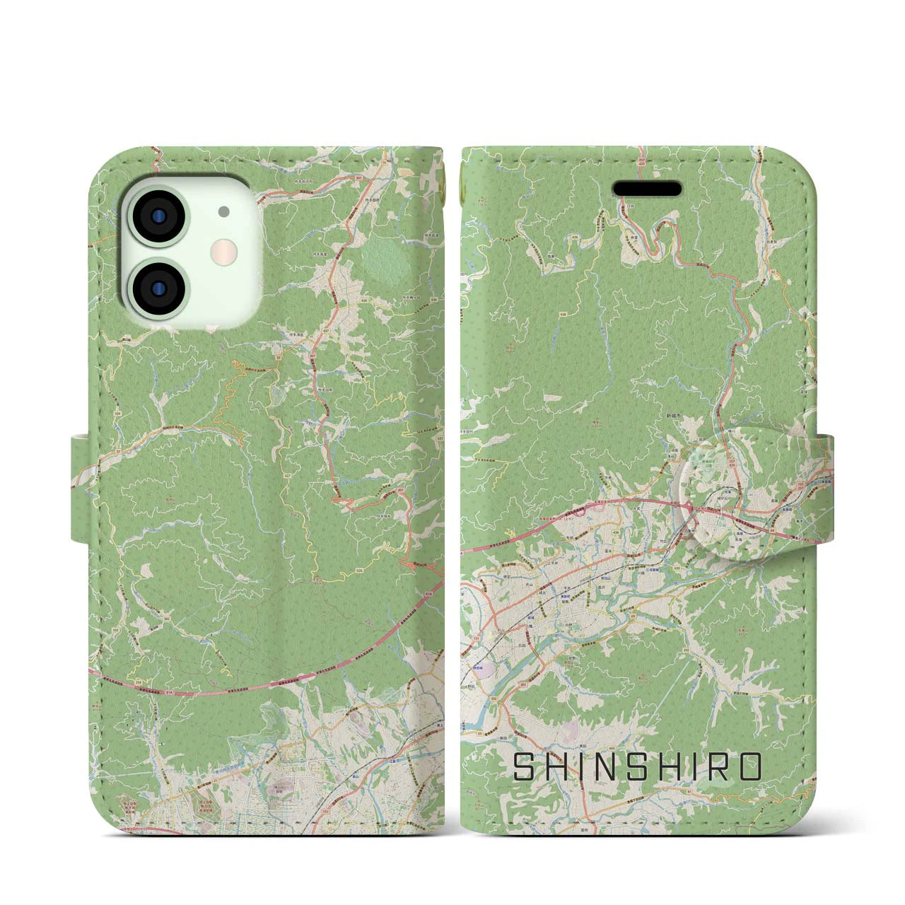 【新城(愛知県)】地図柄iPhoneケース(手帳タイプ)ナチュラル・iPhone 12 mini 用