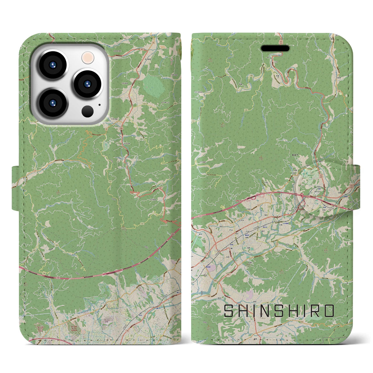 【新城(愛知県)】地図柄iPhoneケース(手帳タイプ)ナチュラル・iPhone 13 Pro 用