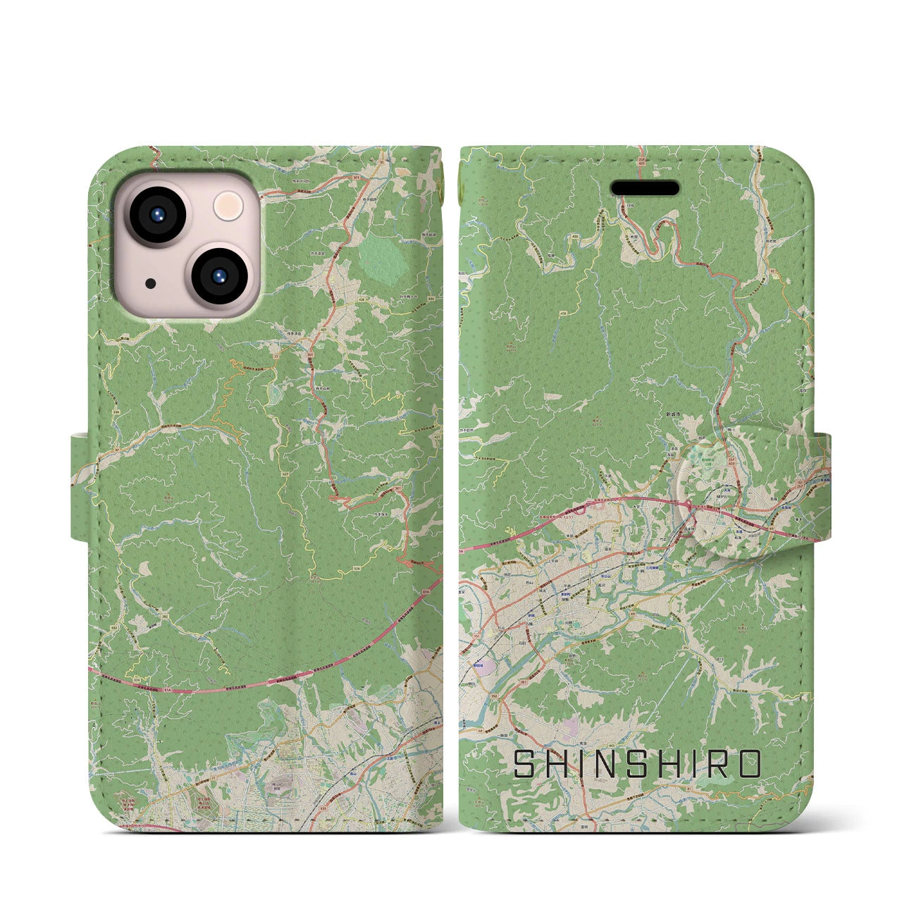 【新城(愛知県)】地図柄iPhoneケース(手帳タイプ)ナチュラル・iPhone 13 mini 用