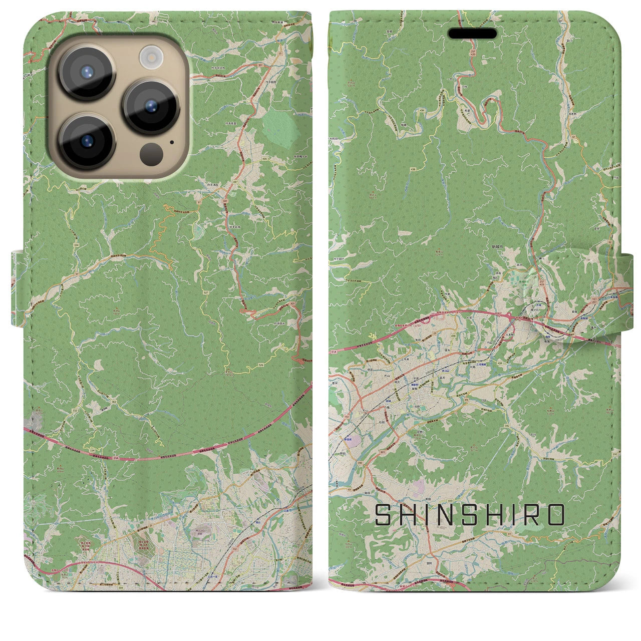 【新城(愛知県)】地図柄iPhoneケース(手帳タイプ)ナチュラル・iPhone 14 Pro Max 用