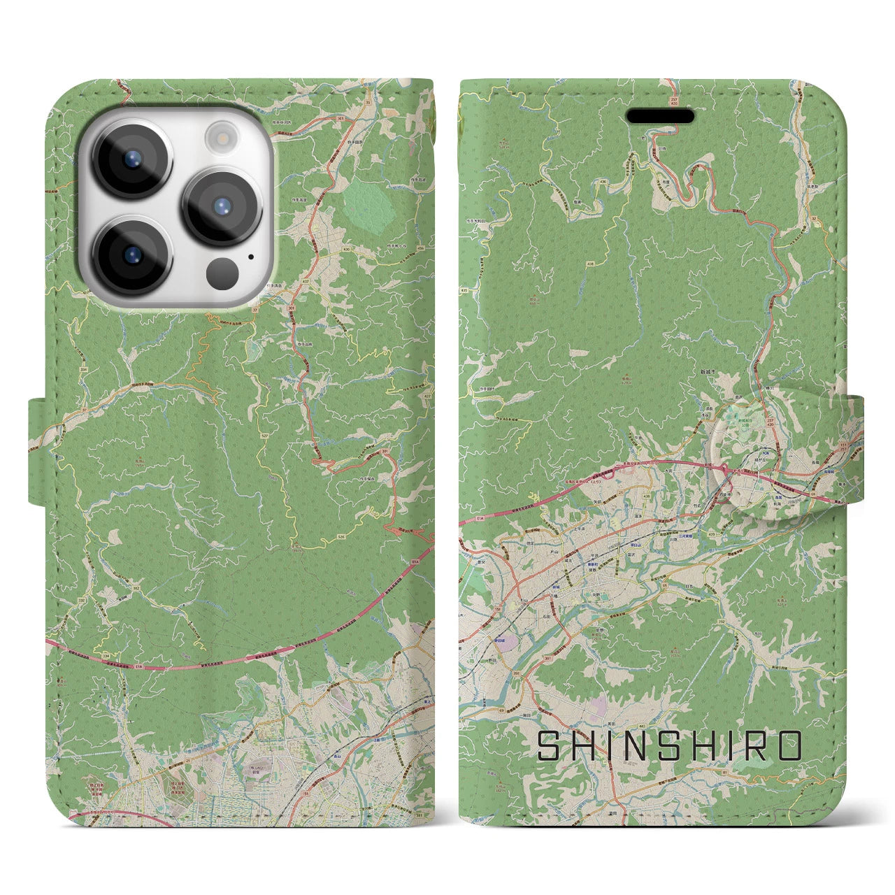【新城(愛知県)】地図柄iPhoneケース(手帳タイプ)ナチュラル・iPhone 14 Pro 用