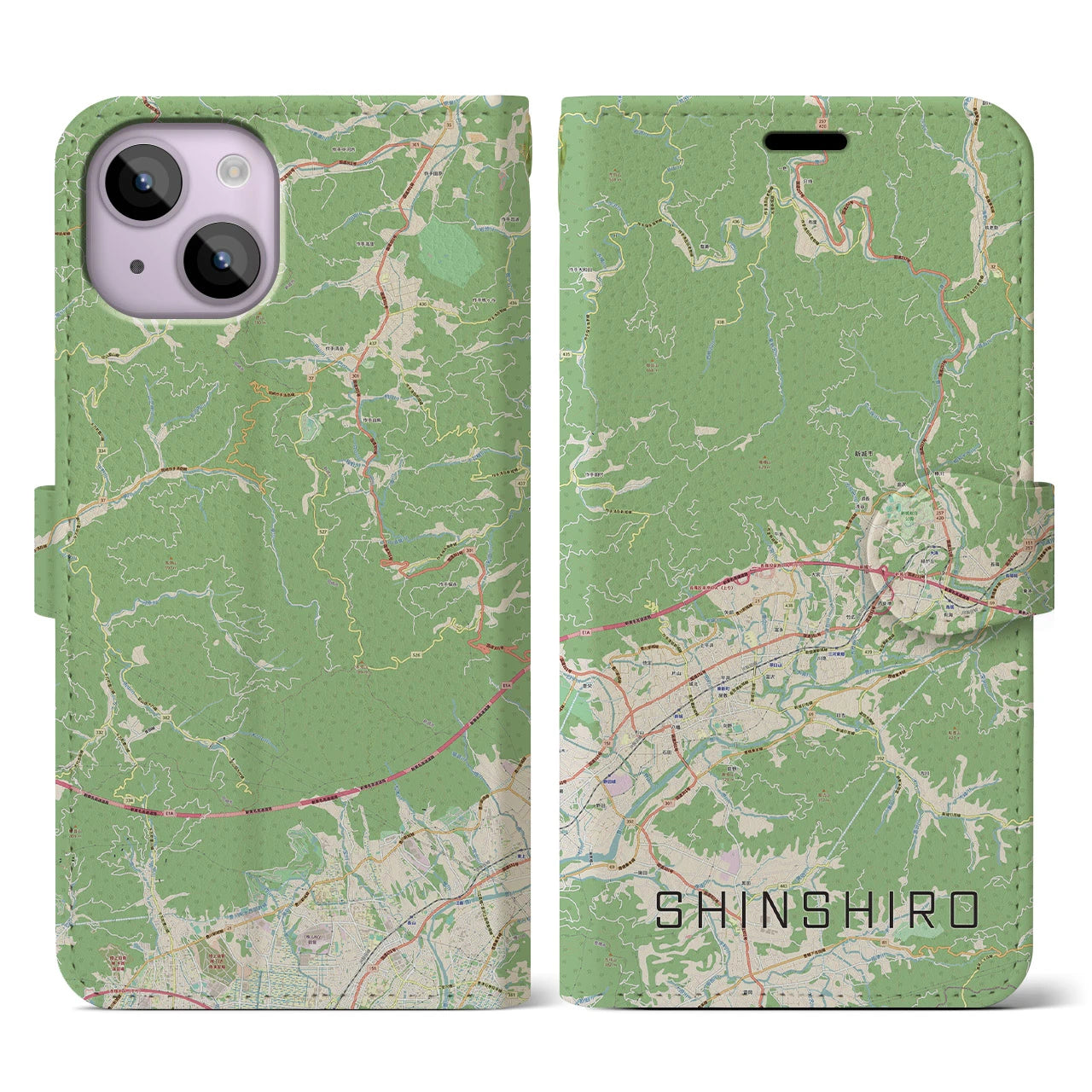 【新城(愛知県)】地図柄iPhoneケース(手帳タイプ)ナチュラル・iPhone 14 用