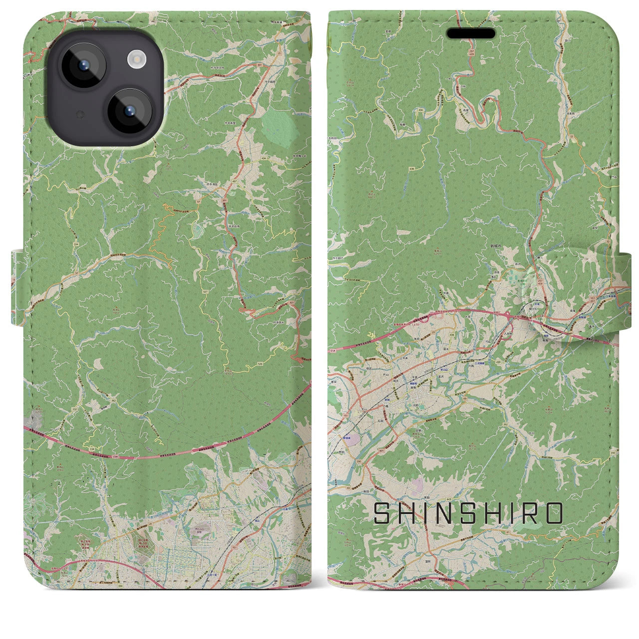 【新城(愛知県)】地図柄iPhoneケース(手帳タイプ)ナチュラル・iPhone 14 Plus 用