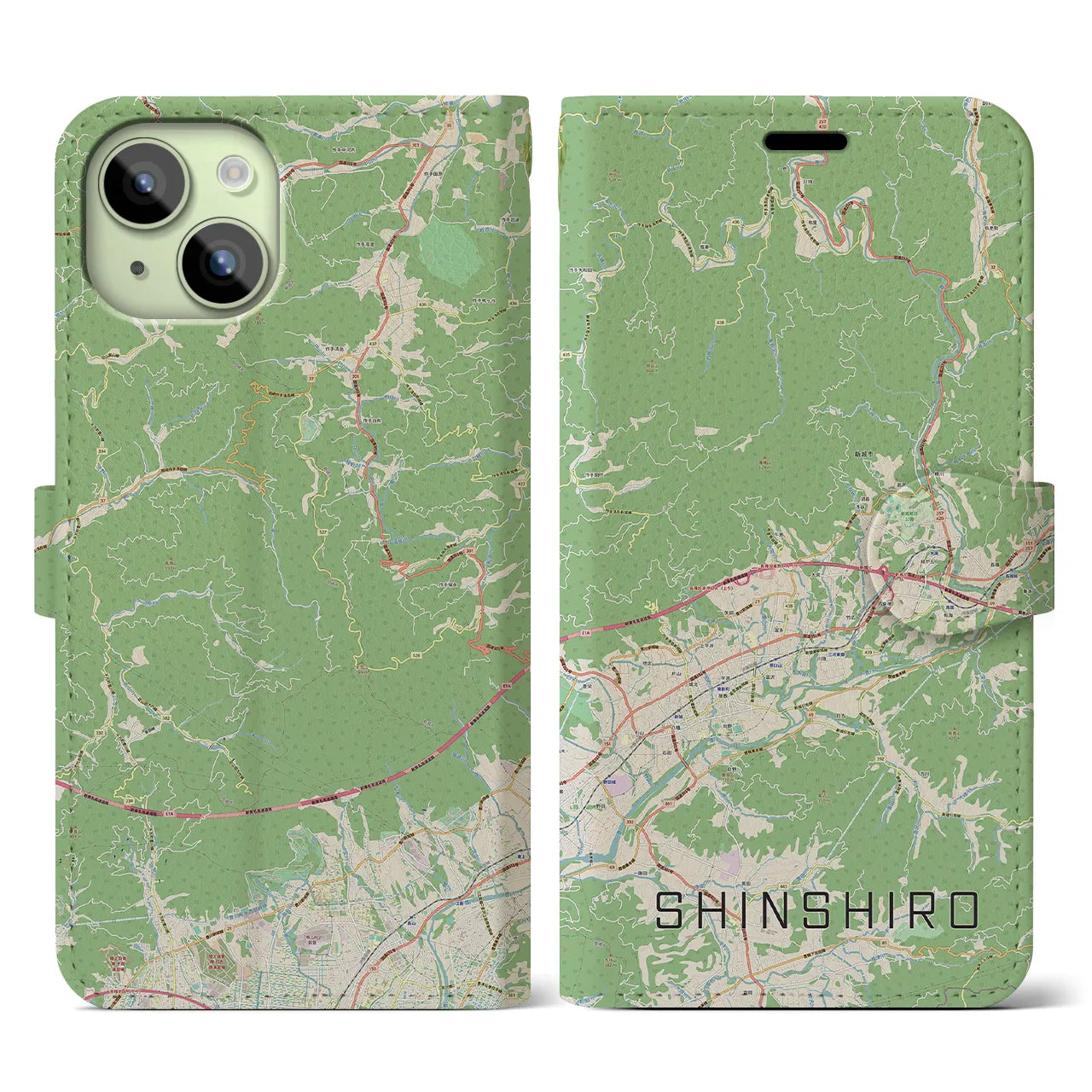 【新城(愛知県)】地図柄iPhoneケース(手帳タイプ)ナチュラル・iPhone 15 用