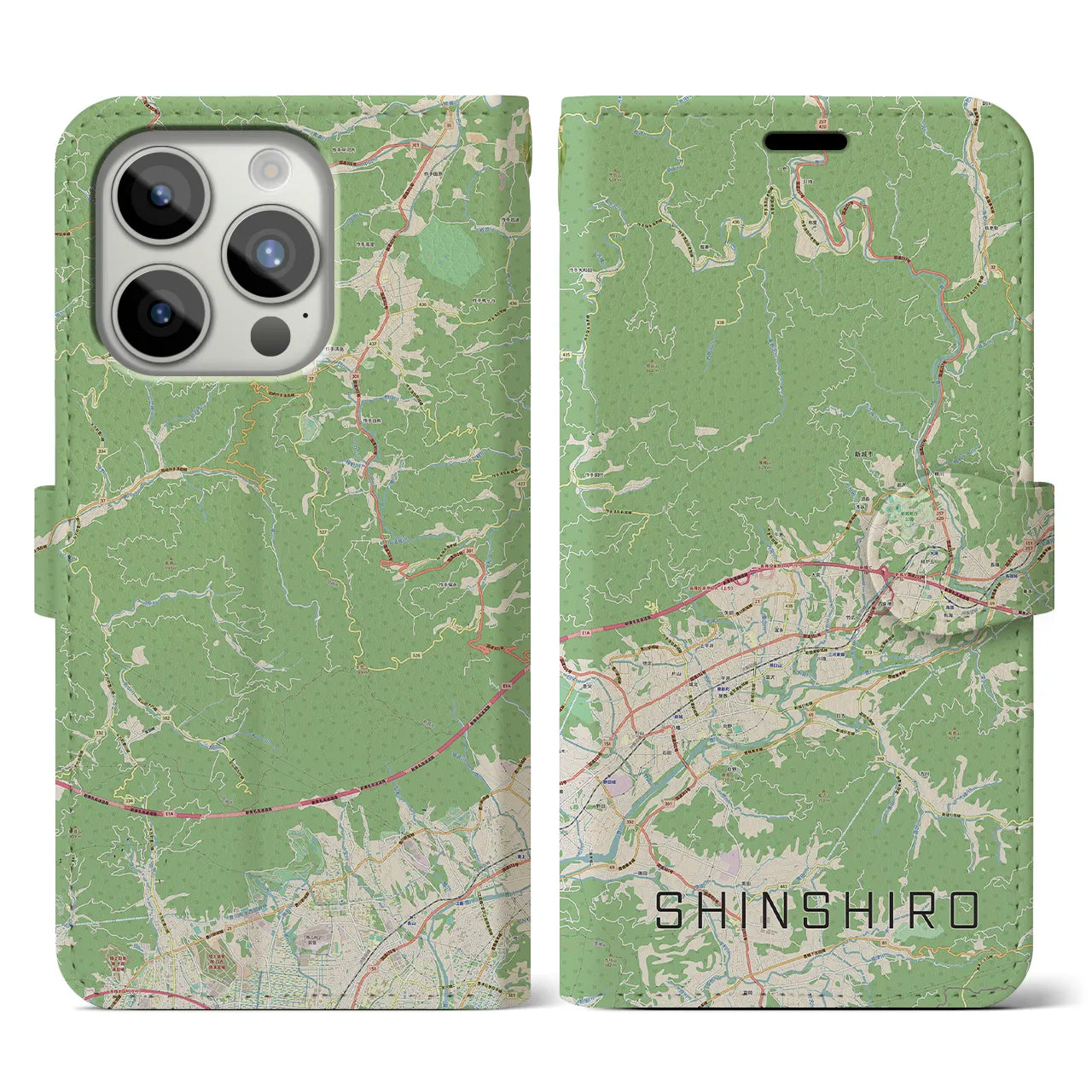 【新城(愛知県)】地図柄iPhoneケース(手帳タイプ)ナチュラル・iPhone 15 Pro 用
