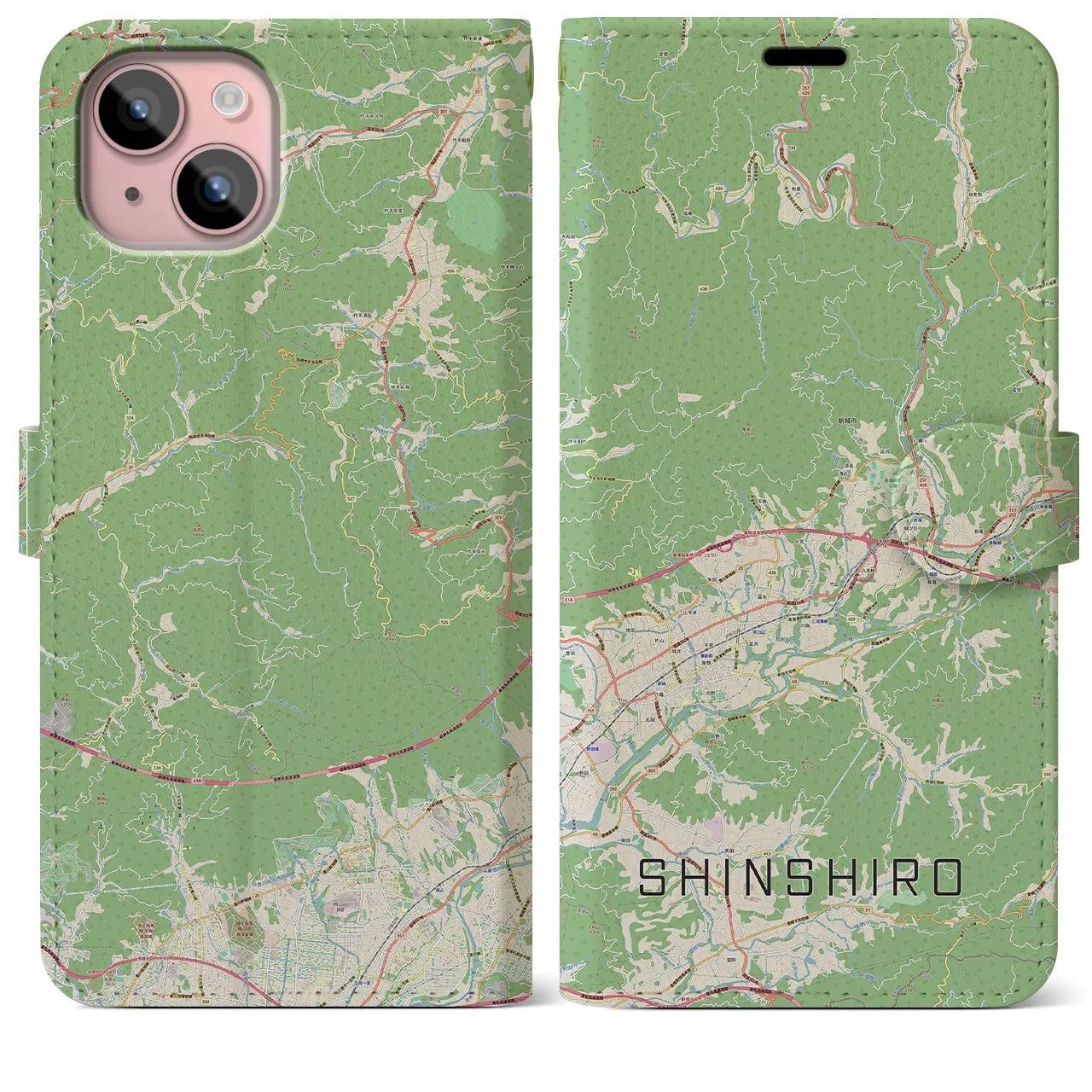【新城(愛知県)】地図柄iPhoneケース(手帳タイプ)ナチュラル・iPhone 15 Plus 用