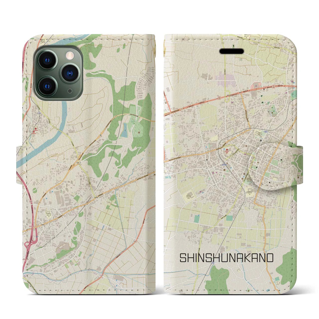 【信州中野(長野県)】地図柄iPhoneケース(手帳タイプ)ナチュラル・iPhone 11 Pro 用