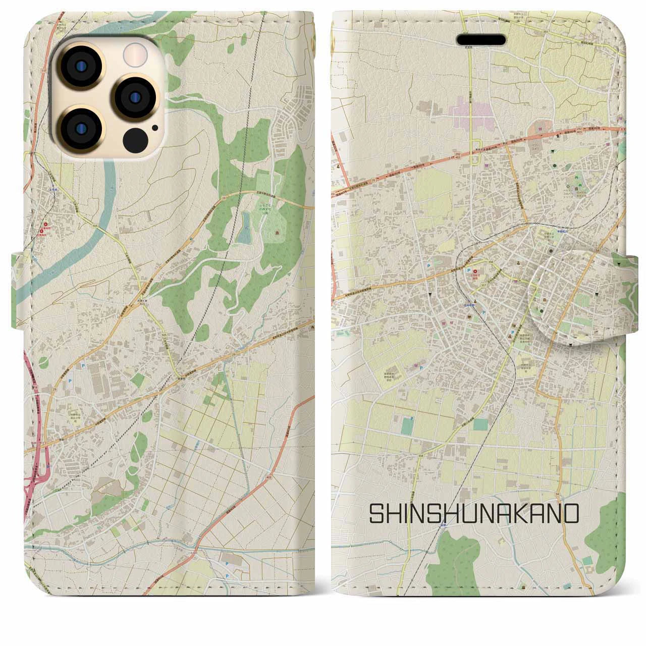 【信州中野(長野県)】地図柄iPhoneケース(手帳タイプ)ナチュラル・iPhone 12 Pro Max 用