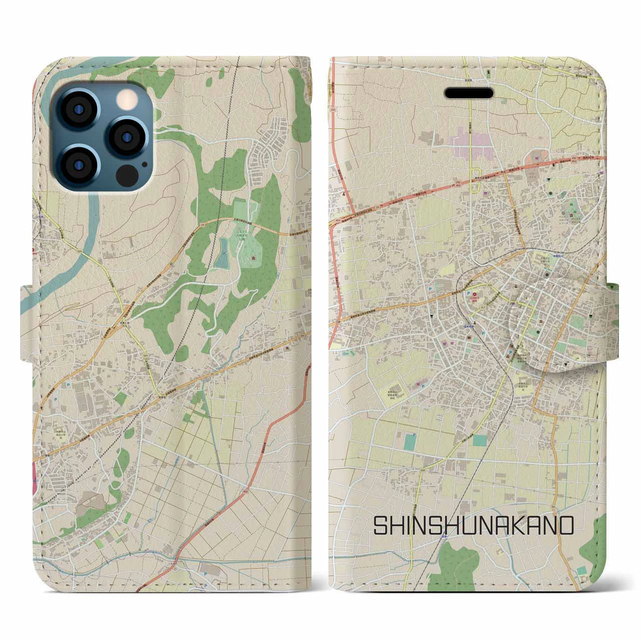 【信州中野(長野県)】地図柄iPhoneケース(手帳タイプ)ナチュラル・iPhone 12 / 12 Pro 用