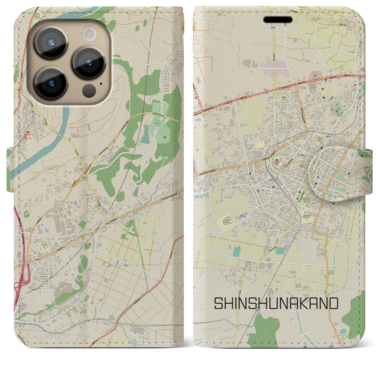 【信州中野(長野県)】地図柄iPhoneケース(手帳タイプ)ナチュラル・iPhone 14 Pro Max 用